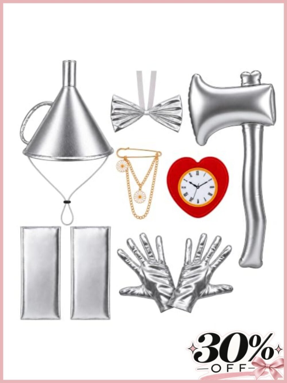 7 Pc Halloween Costume Accessory Set Silver Funnel Hat Gloves Axe Cosplay